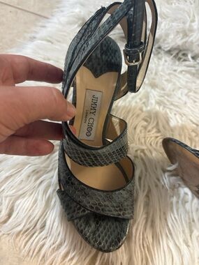 Jimmy Choo Snake-Embossed Dark Gray Strappy Heels